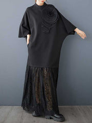 Solid Color Split-Joint Three-Dimensional Flower Long Sleeves Loose Mock Neck Maxi Dresses