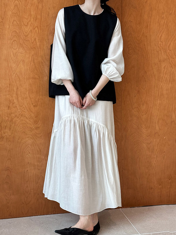 Elasticity Pleated Solid Color Split-Joint Zipper High Waisted Long Sleeves V-Neck Midi Dresses
