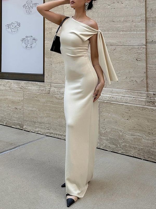 Asymmetric Solid Color Split-Joint Streamer Skinny Sleeveless One-shoulder Maxi Dresses Evening Dresses