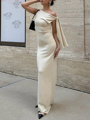 Asymmetric Solid Color Split-Joint Streamer Skinny Sleeveless One-shoulder Maxi Dresses Evening Dresses
