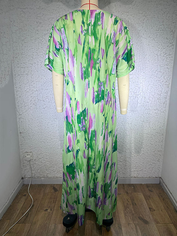 Multi-Colored Printed Loose Short Sleeves V-neck Maxi Dresses