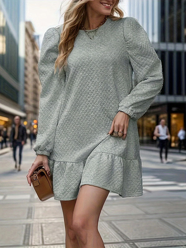 Jacquard Pleated Solid Color Split-Joint A-Line Long Sleeves Round-Neck Mini Dresses