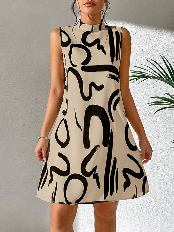 Contrast Color Printed A-line Sleeveless Mini Dresses