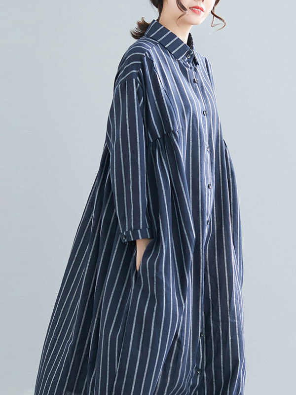 Simple Striped Buttoned Lapel Long Sleeves Shirt Dress