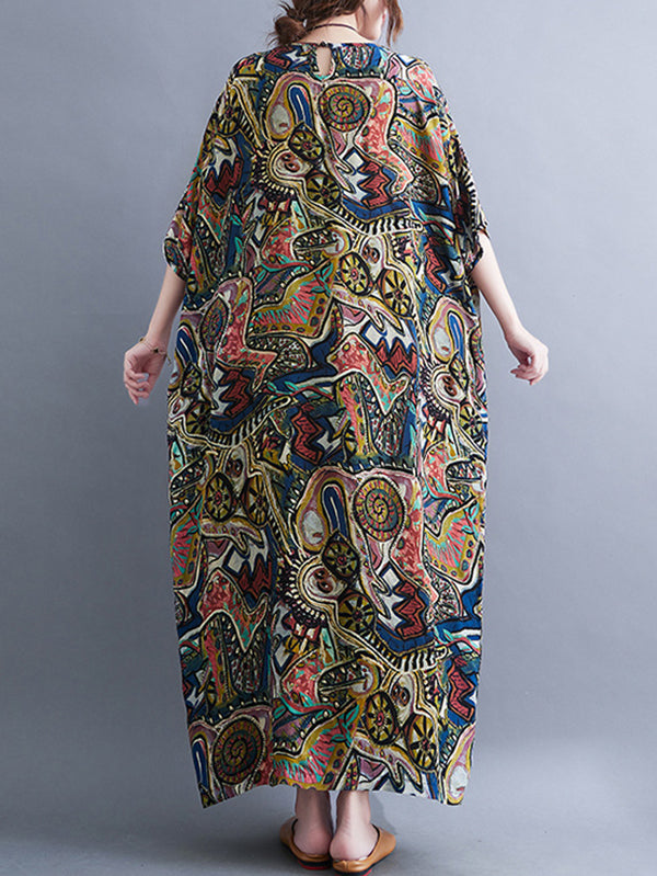 Original Artistic Retro Loose Printed Contrast Color Midi Dress