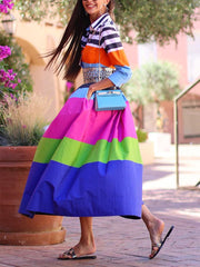 Loose Three-Quarter Sleeves Buttoned Contrast Color Striped Lapel Collar Midi Dresses