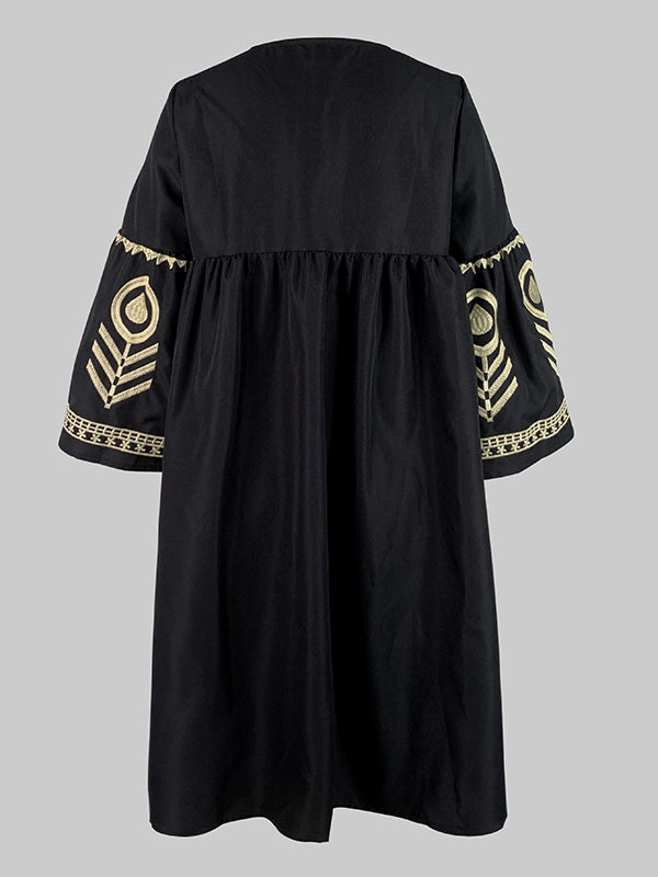 Embroidered Split-Joint Flared Sleeves Loose Deep V-Neck Mini Dresses