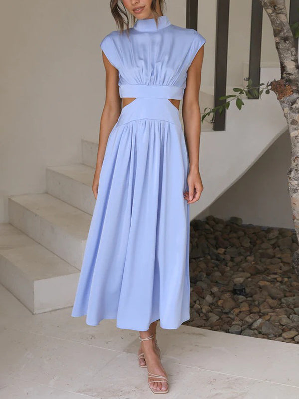 Belly-Hollow Pleated Solid Color Cap Sleeve Stand Collar Maxi Dresses