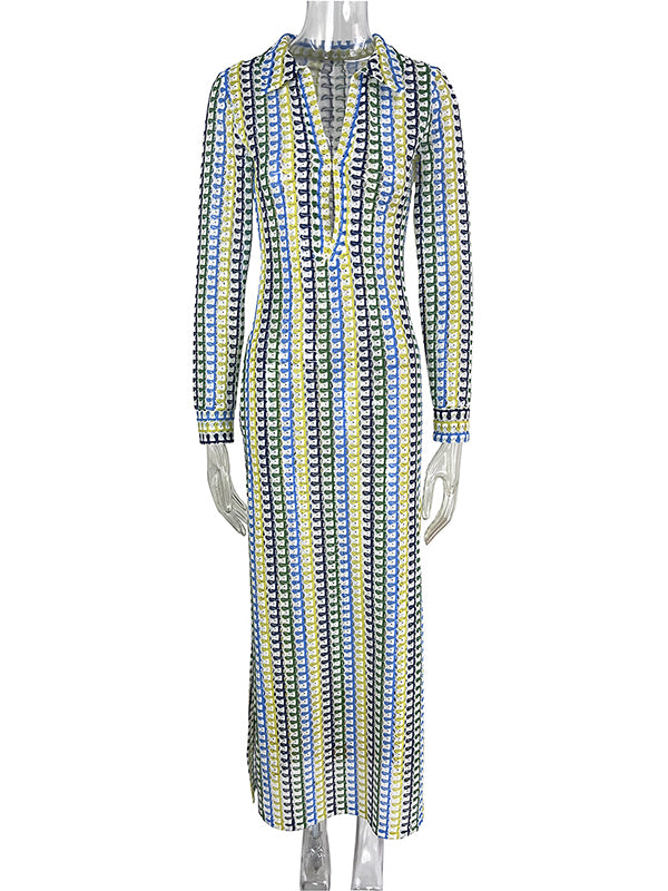 Multicolor Hollow Long Sleeves Bohemia Maxi Dresses