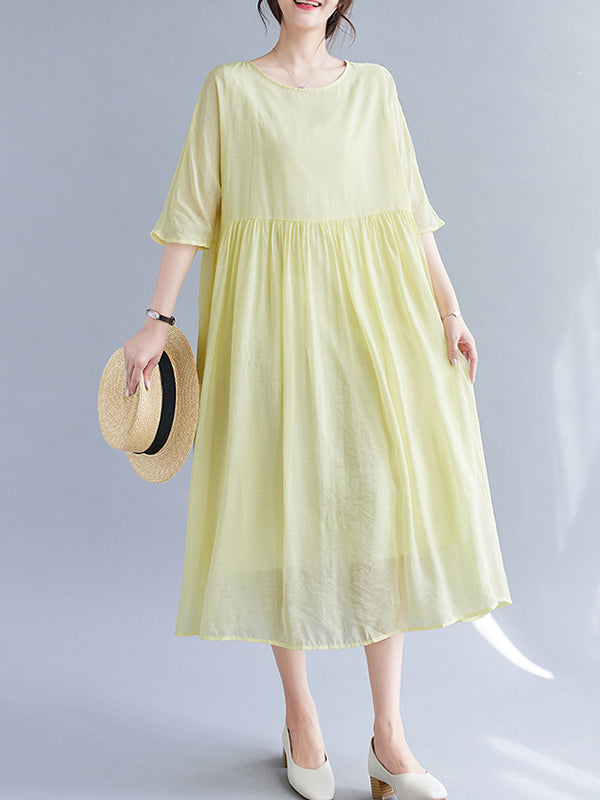 Pleated See-Through Solid Color Split-Joint Loose Short Sleeves Round-Neck Midi Dresses