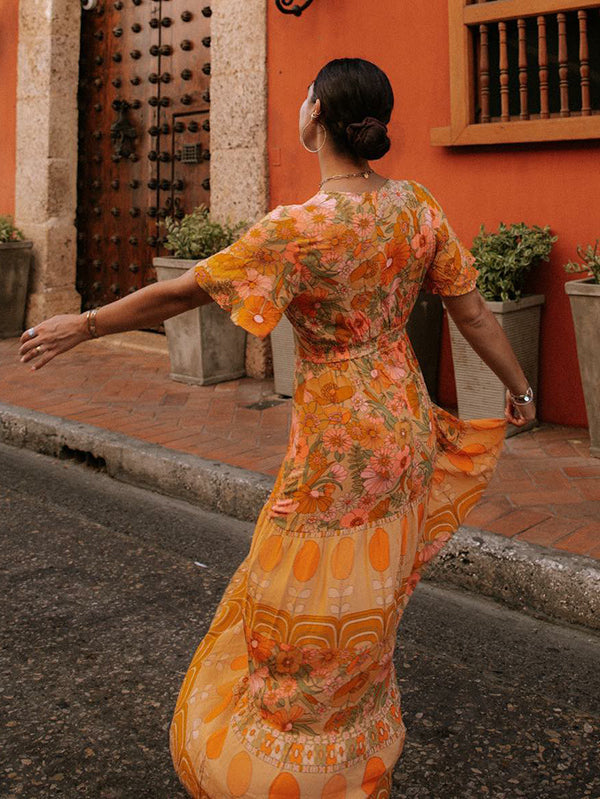Bohemia Half Sleeves Floral Printed Deep V-Neck Maxi Dress
