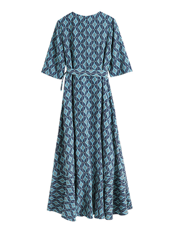 Vacation A-Line Half Sleeves Lace-Up Plaid V-Neck Maxi Dress