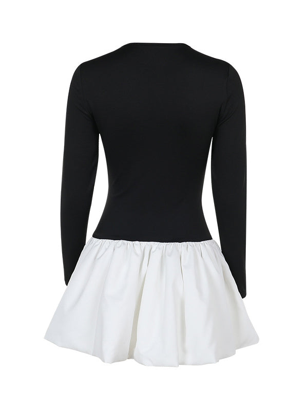 Contrast Color Pleated Split-Joint Long Sleeves Skinny Round-Neck Mini Dresses