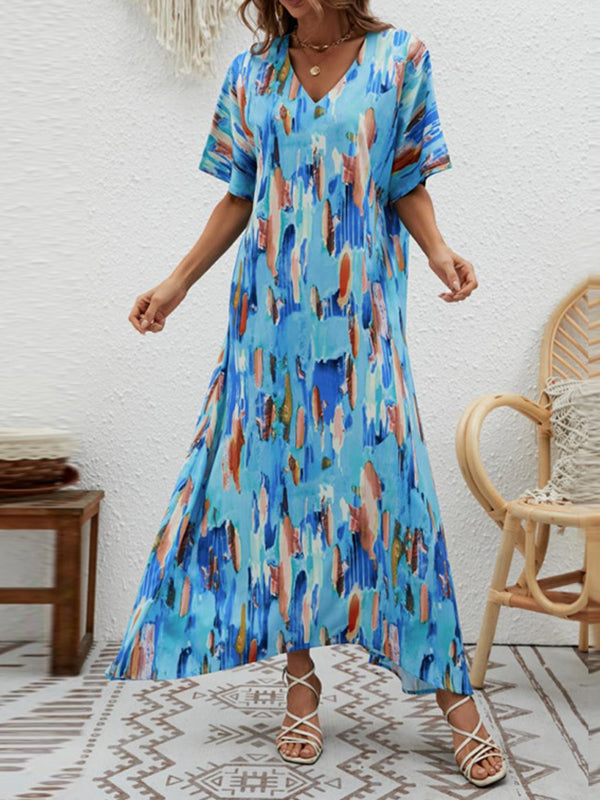 Contrast Color High-Waisted Printed Loose Short Sleeves V-neck Maxi Dresses