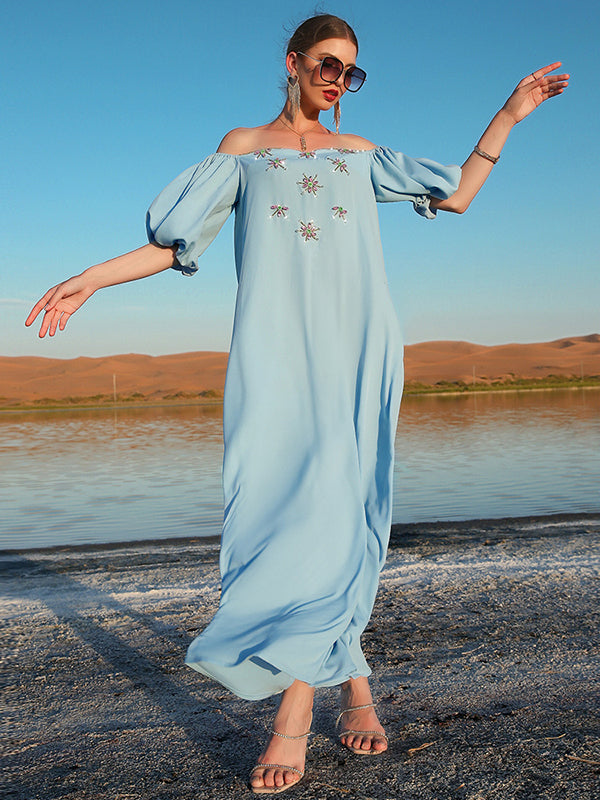 Vacation Loose Puff Sleeves Solid Color One-Shoulder Dress