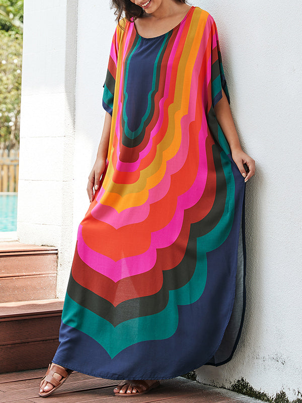 Contrast Color Printed Sun Protection Batwing Sleeves Loose Round-Neck Maxi Dresses