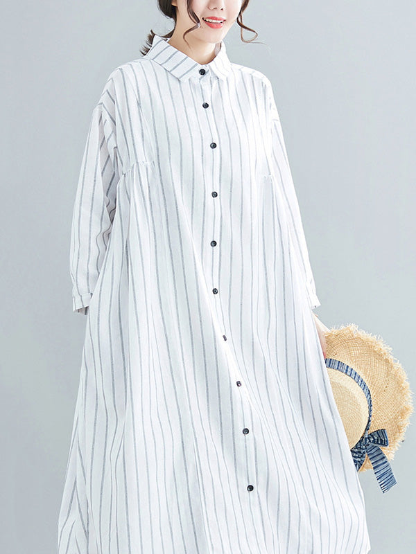 Simple Striped Buttoned Lapel Long Sleeves Shirt Dress