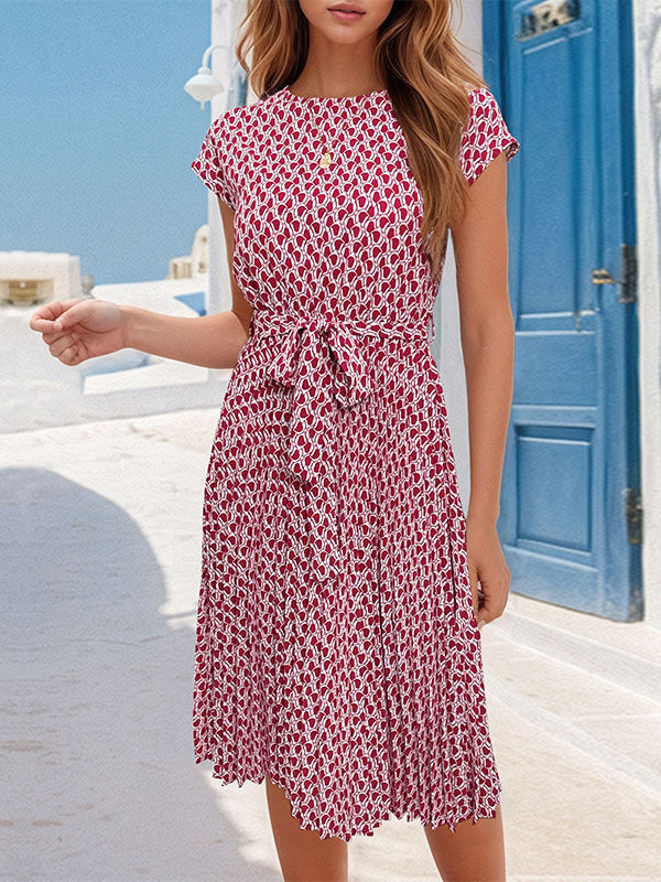 Printed Tied Waist Loose Raglan Sleeve Round-Neck Midi Dresses