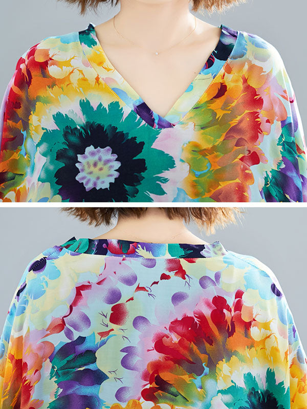 Vintage Loose Tie-Dyed Batwing Sleeves V-Neck Maxi Dress
