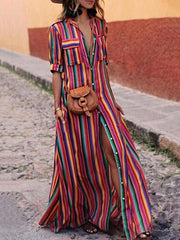Split-Joint Striped Long Sleeves Loose Lapel Shirt Dress Maxi Dresses