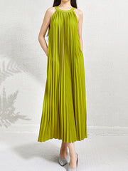 Hollow Pleated Pockets Solid Color Loose Sleeveless Halter-Neck Maxi Dresses
