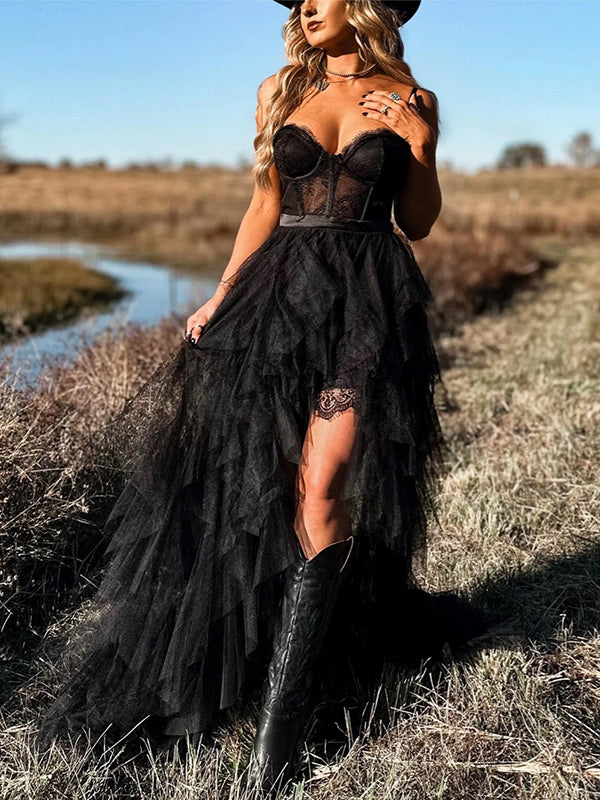 Lace Flower Ruffled Splicing Tube See-Through Maxi Dresses