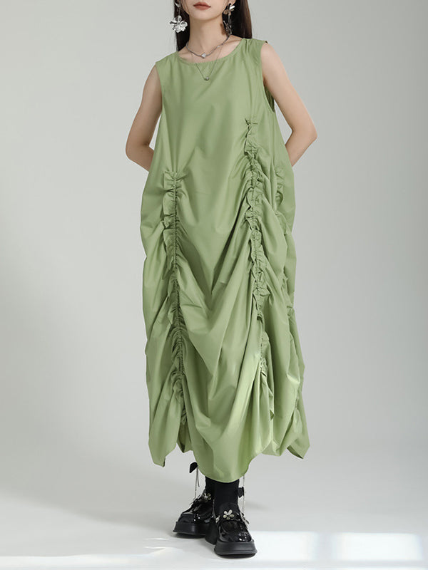 Asymmetric Elasticity Pleated Solid Color Loose Sleeveless Round-Neck Midi Dresses