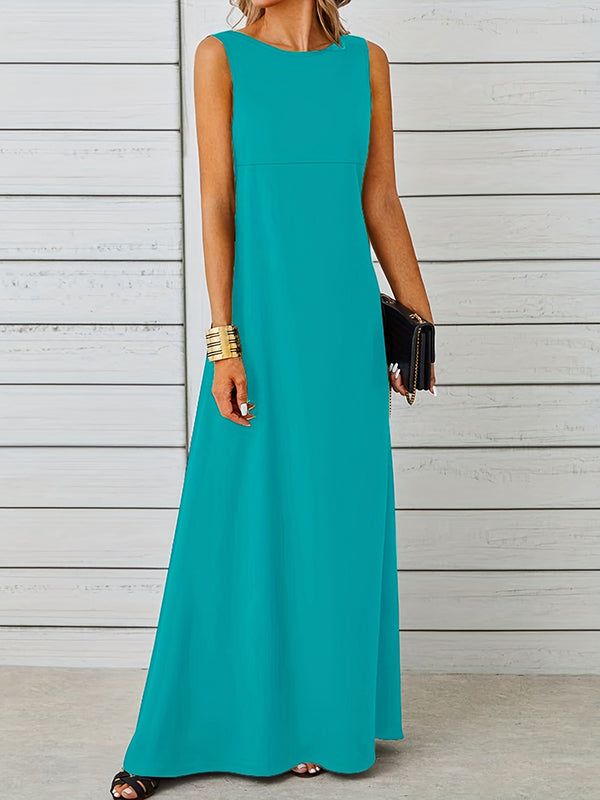 Solid Color A-Line Loose Round-Neck Maxi Dresses