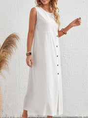 Asymmetric Buttoned Split-front Split-Joint Loose Sleeveless Round-neck Midi Dresses