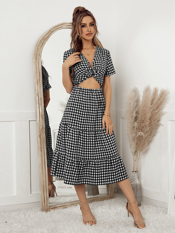 Vacation A-Line Plaid Hollow Midi Dresses