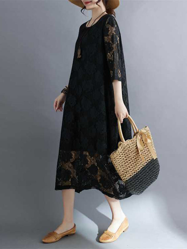 Hollow Solid Color Half Sleeves Loose Round-Neck Midi Dresses