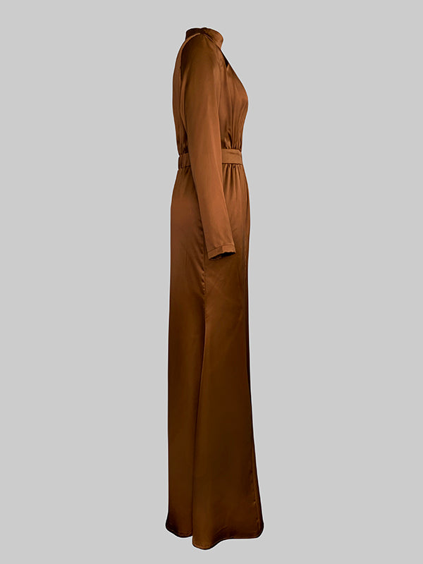 Long Sleeves Loose Pleated Shiny Solid Color Split-Joint Tied Waist High Neck Evening Dresses Maxi Dresses