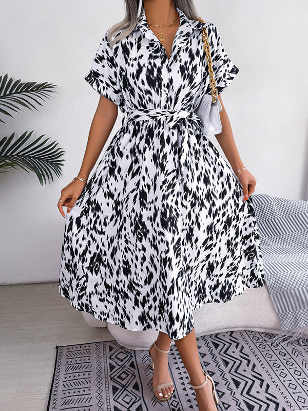 Leopard Ribbed Loose Short Sleeves Lapel Midi Dresses
