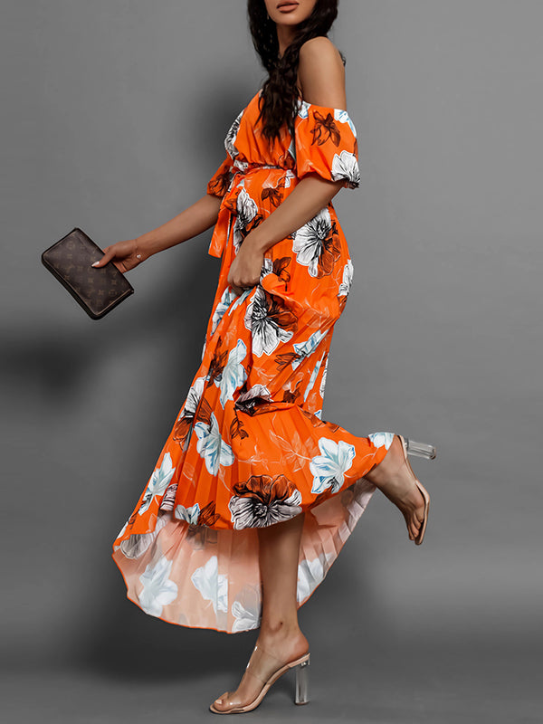 Elasticity Flower Print Pleated Split-Joint Tied Waist A-Line Loose Off-The-Shoulder Maxi Dresses