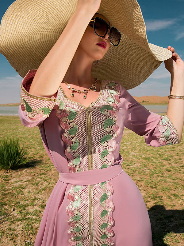 Vacation A-Line Loose Solid Color Patchwork V-Neck Dress