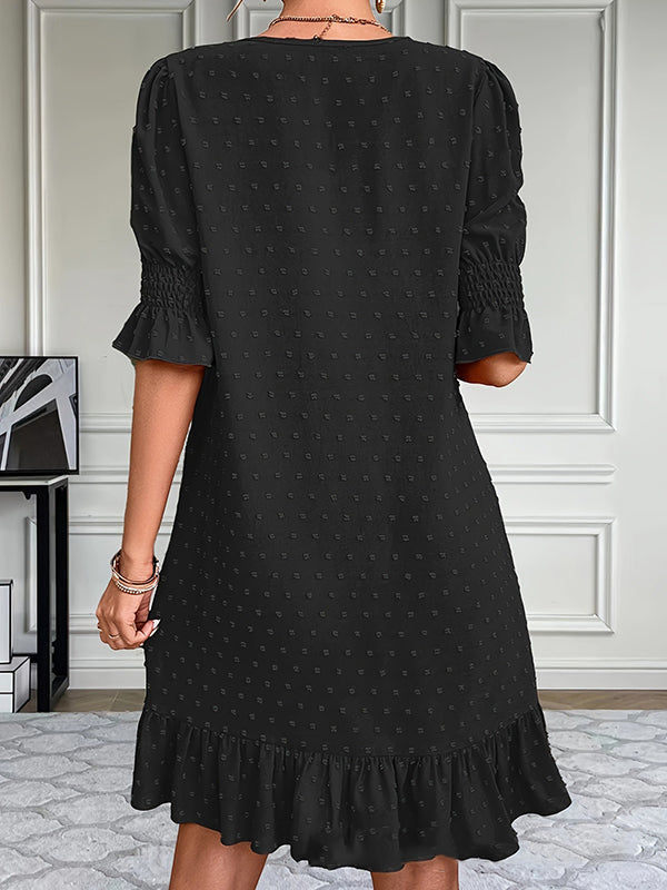 Elasticity Jacquard Pleated Solid Color Split-Joint A-Line Flared Sleeves V-Neck Mini Dresses