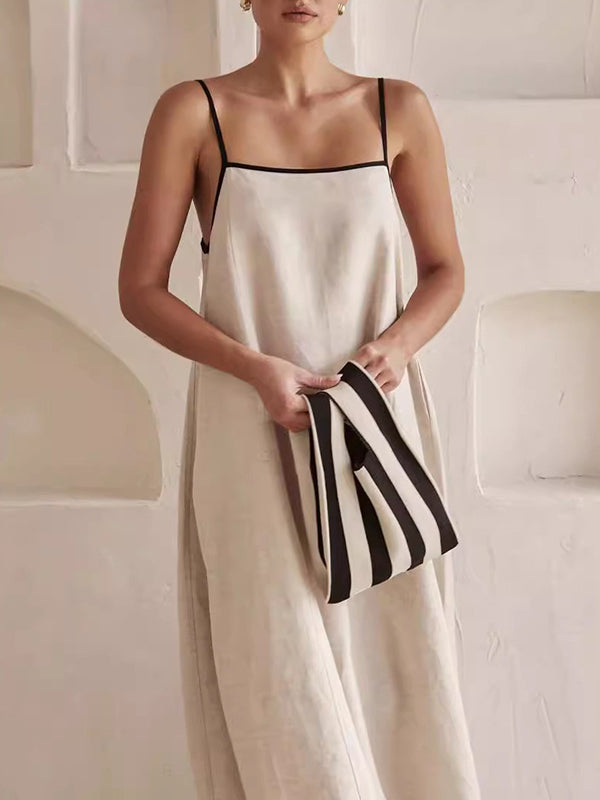 Split-Joint A-Line Loose Spaghetti-Neck Maxi Dresses