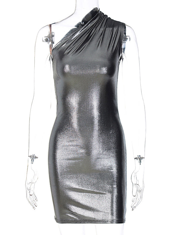 Asymmetric Shiny Solid Color Split-Joint Skinny One-Shoulder Mini Dresses Evening Dresses