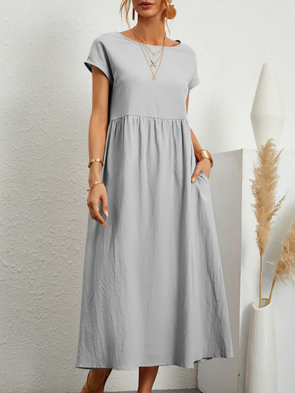 Pleated Solid Color Loose Short Sleeves Round-Neck Midi Dresses