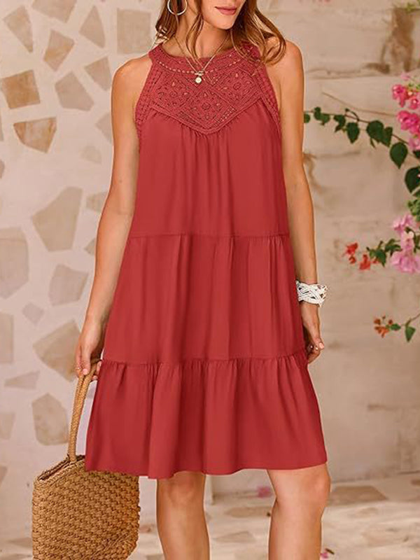 Hollow Pleated Solid Color Split-Joint A-Line Loose Round-Neck Mini Dresses