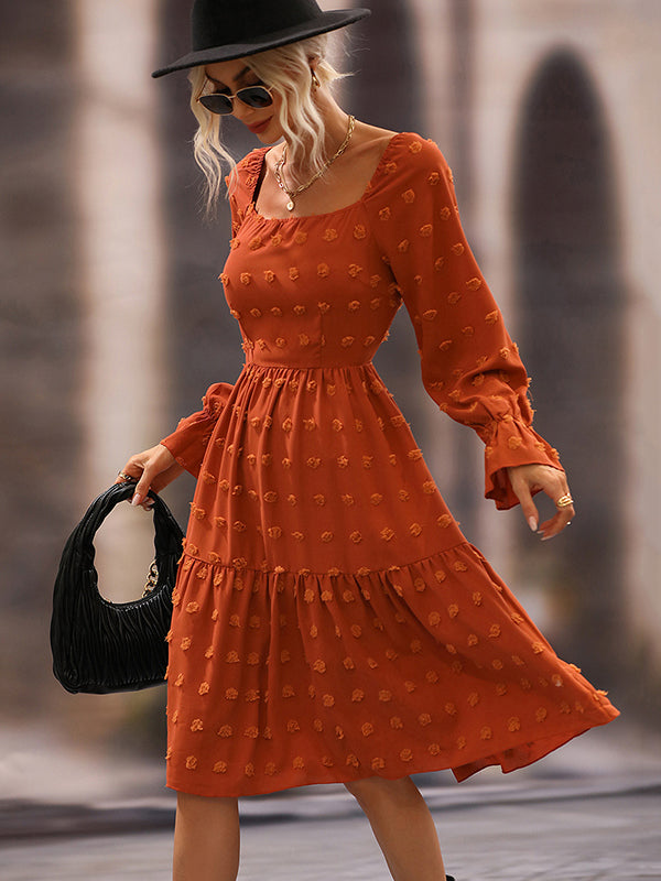 Bohemia Puff Sleeves A-Line Solid U-Neck Dress