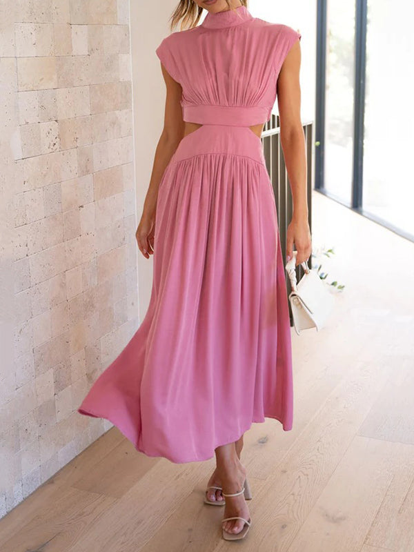 Belly-Hollow Pleated Solid Color Cap Sleeve Stand Collar Maxi Dresses