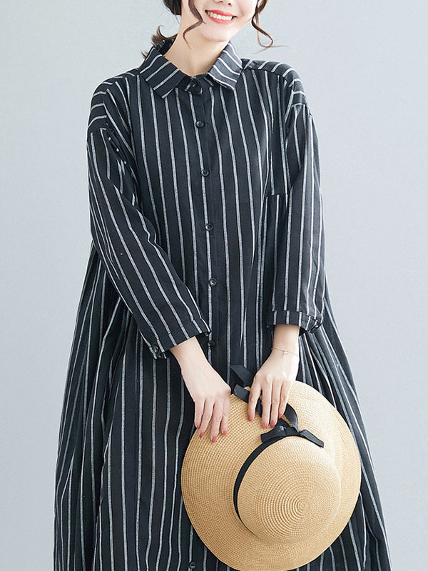 Simple Striped Buttoned Lapel Long Sleeves Shirt Dress