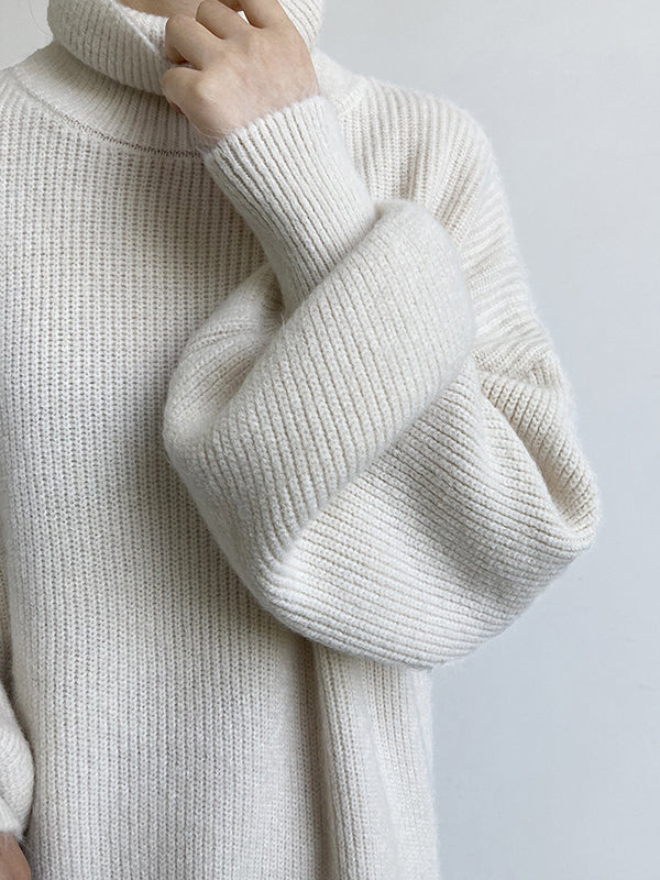 Urban Loose Puff Sleeves Solid Color High-Neck Sweater Dresses
