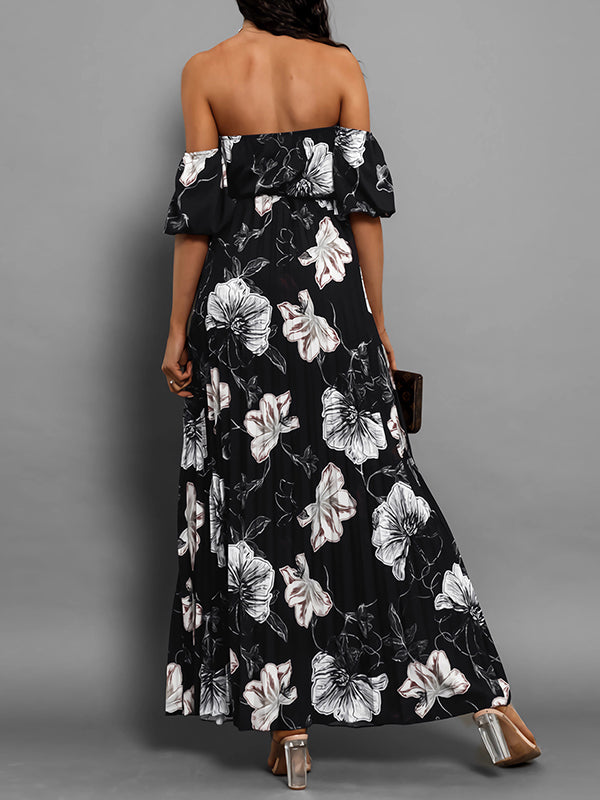 Elasticity Flower Print Pleated Split-Joint Tied Waist A-Line Loose Off-The-Shoulder Maxi Dresses