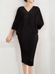 Pleated Solid Color Batwing Sleeves Loose V-Neck Midi Dresses