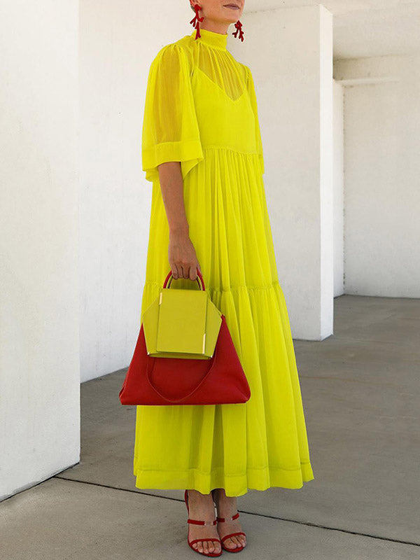 Mesh Pleated Solid Color Split-Joint Loose Plus Size Mock Neck Two Pieces Set Maxi Dresses