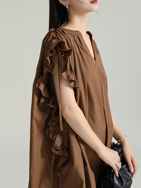 Adjustable Drawstring Pleated Solid Color Loose Raglan Sleeve V-Neck Shirt Dress Midi Dresses