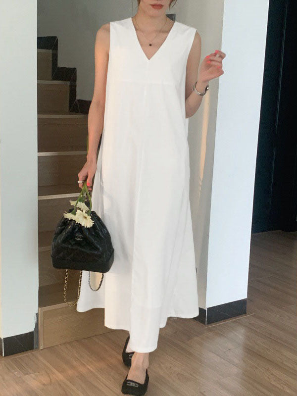 Solid Color Loose Sleeveless V-Neck Midi Dresses