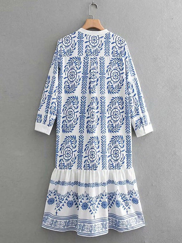 Leaves Print Printed Long Sleeves Loose Stand Collar Midi Dresses